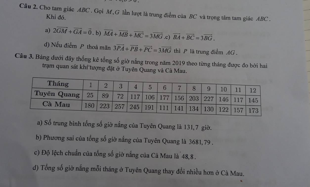 Cho tam giác ABC. Gọi M,G lần lượt là trung điểm của BC và trọng tâm tam giác ABC.
Khi đó.
a) 2vector GM+vector GA=vector 0. b) vector MA+vector MB+vector MC=3vector MG .c) vector BA+vector BC=3vector BG.
d) Nếu điểm P thoả mãn 3vector PA+vector PB+vector PC=3vector MG thì P là trung điểm AG.
Câu 3. Bảng dưới đây thống kê tổng số giờ nắng trong năm 2019 theo từng tháng được đo bởi hai
trạm quan sát khí tượng đặt ở Tuyên Quang và Cà Mau.
a) Số trung bình tổng số giờ nắng của Tuyên Quang là 131,7 giờ.
b) Phương sai của tổng số giờ nắng của Tuyên Quang là 3681, 79.
c) Độ lệch chuẩn của tổng số giờ nắng của Cà Mau là 48, 8.
d) Tổng số giờ nắng mỗi tháng ở Tuyên Quang thay đổi nhiều hơn ở Cà Mau.