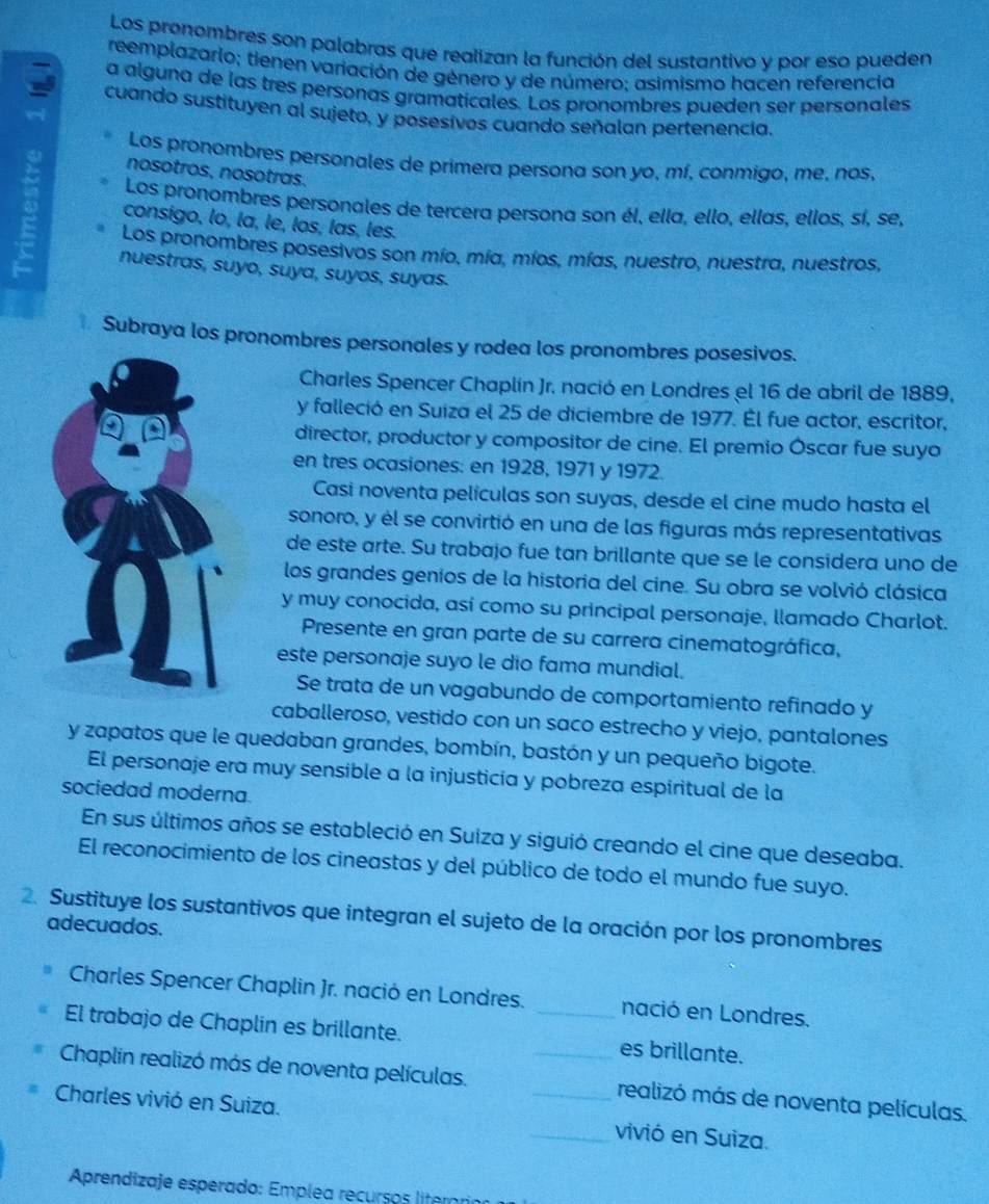 Los pronombres son palabras que realizan la función del sustantivo y por eso pueden
reemplazarlo; tienen variación de género y de número: asimismo hacen referencia
a alguna de las tres personas gramaticales. Los pronombres pueden ser personales
cuando sustituyen al sujeto, y posesívos cuando señalan pertenencia.
Los pronombres personales de primera persona son yo, mí, conmigo, me, nos,
nosotros, nosotras.
Los pronombres personales de tercera persona son él, ella, ello, ellas, ellos, sí, se,
consigo, lo, la, le, los, las, les.
Los pronombres posesivos son mío, mía, míos, mías, nuestro, nuestra, nuestros,
nuestras, suyo, suya, suyos, suyas.
Subraya los pronombres personales y rodea los pronombres posesivos.
Charles Spencer Chaplín Jr. nació en Londres el 16 de abril de 1889,
y falleció en Suiza el 25 de diciembre de 1977. Él fue actor, escritor,
director, productor y compositor de cine. El premio Óscar fue suyo
en tres ocasiones: en 1928, 1971 y 1972.
Casi noventa películas son suyas, desde el cine mudo hasta el
sonoro, y él se convirtió en una de las figuras más representativas
de este arte. Su trabajo fue tan brillante que se le considera uno de
los grandes geníos de la historia del cine. Su obra se volvió clásica
y muy conocida, así como su principal personaje, llamado Charlot.
Presente en gran parte de su carrera cinematográfica,
este personaje suyo le dio fama mundial.
Se trata de un vagabundo de comportamiento refinado y
caballeroso, vestido con un saco estrecho y viejo, pantalones
y zapatos que le quedaban grandes, bombín, bastón y un pequeño bigote.
El personaje era muy sensible a la injusticía y pobreza espiritual de la
sociedad moderna.
En sus últimos años se estableció en Suiza y siguió creando el cine que deseaba.
El reconocimiento de los cineastas y del público de todo el mundo fue suyo.
2. Sustituye los sustantivos que integran el sujeto de la oración por los pronombres
adecuados.
Charles Spencer Chaplin Jr. nació en Londres. nació en Londres.
El trabajo de Chaplin es brillante. _es brillante.
Chaplin realizó más de noventa películas. _realizó más de noventa películas.
Charles vivió en Suiza. __vivió en Suiza.
Aprendizaje espérado: Emplea recursos literoria