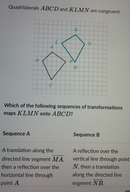 Quadrilaterals ABCD and KLMN are congruent. 
Which of the following sequences of transformations 
maps KLMN onto ABCD? 
Sequence A Sequence B
A translation along the A reflection over the 
directed line segment overline MA, vertical line through point 
then a reflection over the N, then a translation 
horizontal line through along the directed line 
point A. segment overline NB.