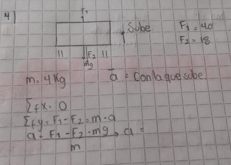 Sube. F_1=40
F_2=18
11 F_2 11 
ng
m=4kg overline a= con a gue sobe
sumlimits fx=0
beginarrayr sumlimits f_a=endarray beginarrayr F_1-F_2=m· _m endarray a-F_1-F_2· mgendarray Cl=