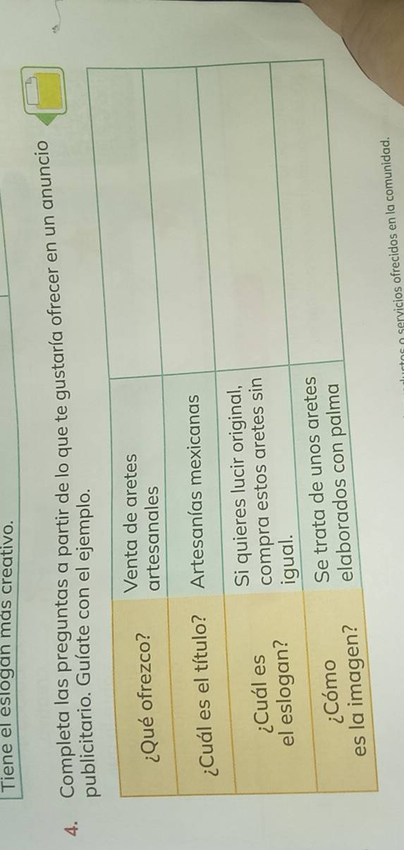 Tiene el eslogan más creativo. 
4. Completa las preguntas a partir de lo que te gustaría ofrecer en un anuncio 
s a servicios ofrecidos en la comunid