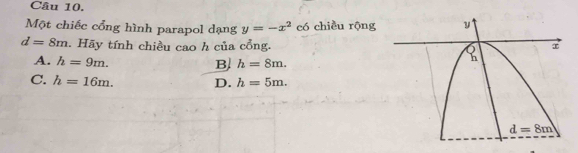 Một chiếc cổng hình parapol dạng y=-x^2 có chiều rộng
d=8m. Hãy tính chiều cao h của cổng.
A. h=9m. B. h=8m.
C. h=16m. D. h=5m.