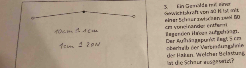 Ein Gemälde mit einer 
Gewichtskraft von 40 N ist mit 
einer Schnur zwischen zwei 80
cm voneinander entfernt 
liegenden Haken aufgehängt. 
Der Aufhängepunkt liegt 5 cm
oberhalb der Verbindungslinie 
der Haken. Welcher Belastung 
ist die Schnur ausgesetzt?