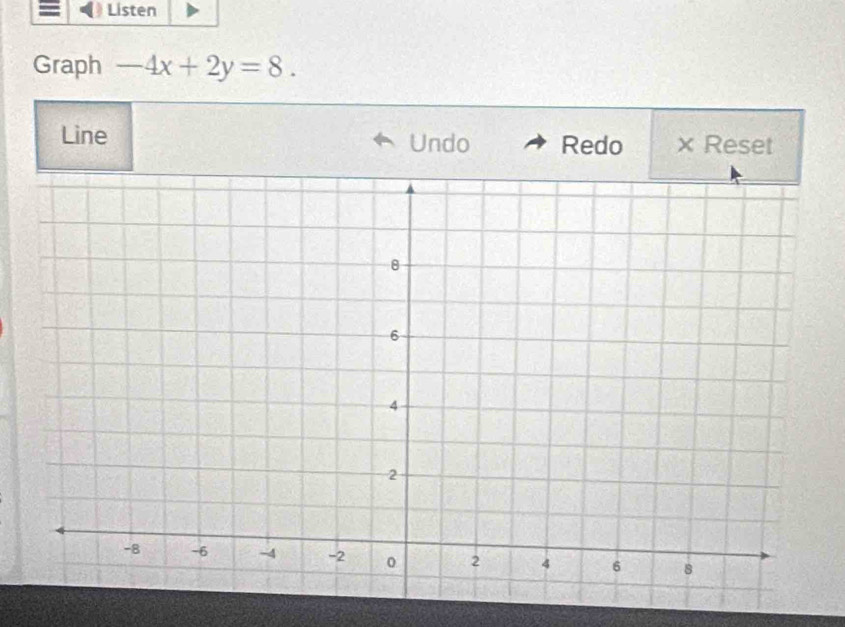 Listen 
Graph -4x+2y=8. 
Line Undo Redo × Reset