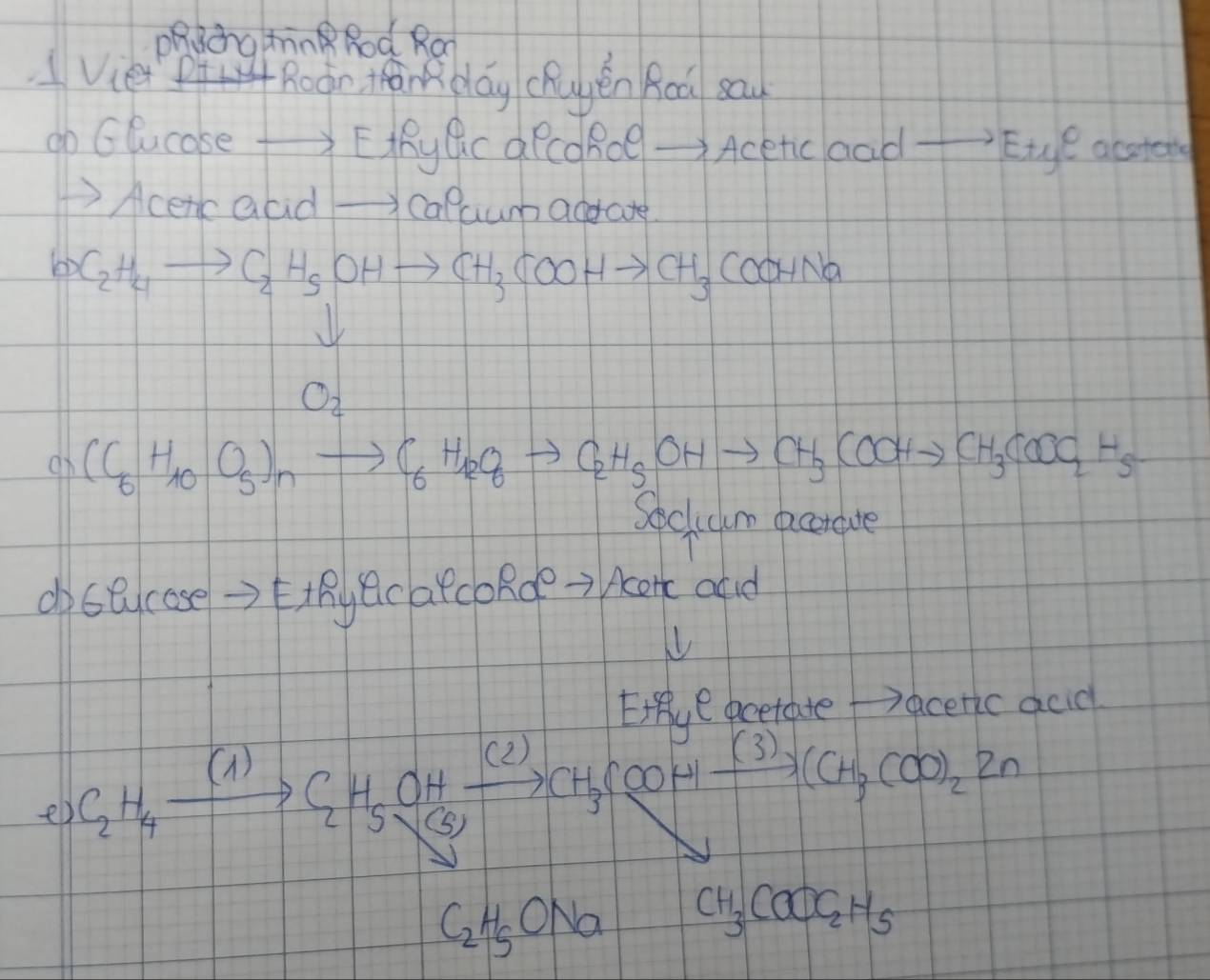 DRUchating Rod Ror 
Vie Roon Man dlay cRuyěn Roa sau 
go Ghcase ) ERRyc aPcoROe_ to Acetic aad- =te_1= acctete 
Acercaad - -Calum addate
bOC_2H_4to C_2H_5OHto CH_3COOHto CH_3COOHNa
O_2
7x (C_6H_10O_5)_nto C_6H_12O_6to C_2H_5OHto CH_3COOHto CH_3COOC_2H_5
soccum acctove 
dsecose →>ecatcoRde-=> )kor ad 
Er e cetate Paceric acid 
e) C_2H_4xrightarrow (1)C_2H_5OHxrightarrow (2)CH_3COOH xrightarrow (3)(CH_3COO)_22n
C_2H_5ONa CH_3COOC_2H_5