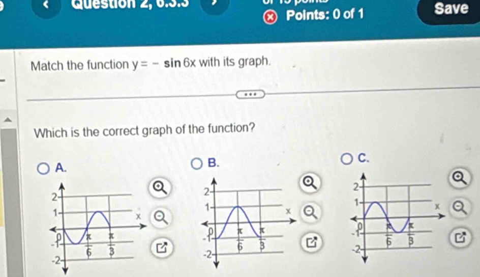 Question 2, 6.3.3
Points: 0 of 1 Save
Match the function y=-sin 6x with its graph.
Which is the correct graph of the function?
C.
A.
B.
B
L