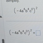 simpilty
(-4a^4b^4c^0)^2
_
(-4a^4b^4c^0)^2=□