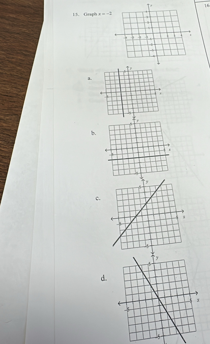 16 
15. Graph x=-2
a. 
b. 
c. 
d.