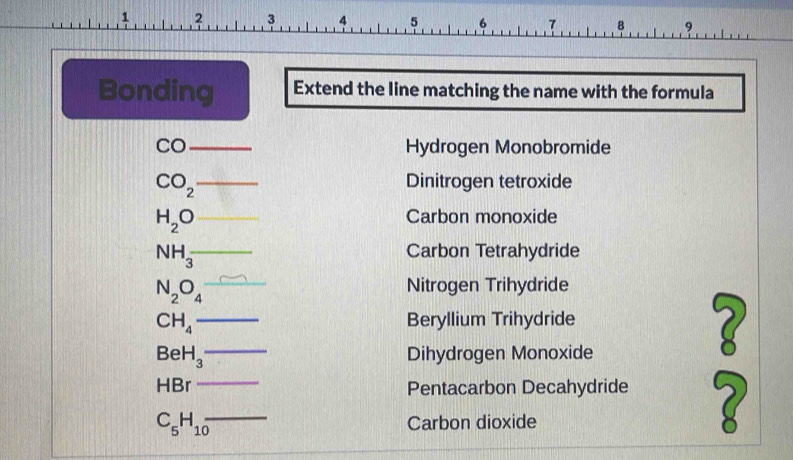 .2 3 4 5 6 7 8 9 
Bonding Extend the line matching the name with the formula 
CO Hydrogen Monobromide
CO_2 _  
Dinitrogen tetroxide
H_2O
Carbon monoxide
NH_3-
Carbon Tetrahydride
N_2O_4
Nitrogen Trihydride
CH_4 Beryllium Trihydride
BeH_3 Dihydrogen Monoxide
HBr
Pentacarbon Decahydride
C_5H_10_  Carbon dioxide