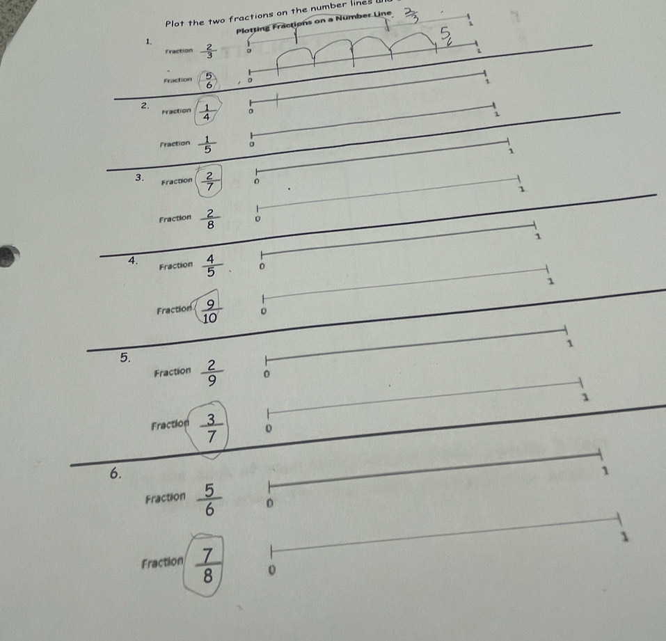 Plot the two fractions on the number lines 
1. Plotting Fractions on a Number Line 
Fraction  2/3  。 : 
5 
Fraction 6 , 。 i 
2.  1/4  。 
Fraction 

Fraction  1/5  。 
1 
3. Fraction  2/7  。 1 
Fraction  2/8  o 
1 
4. Fraction  4/5  。 
1 
Fraction  9/10  。 
1 
5.  2/9 
Fraction 
1 
Fraction  3/7  0 
6. 
1 
Fraction  5/6 
1 
Fraction  7/8  0