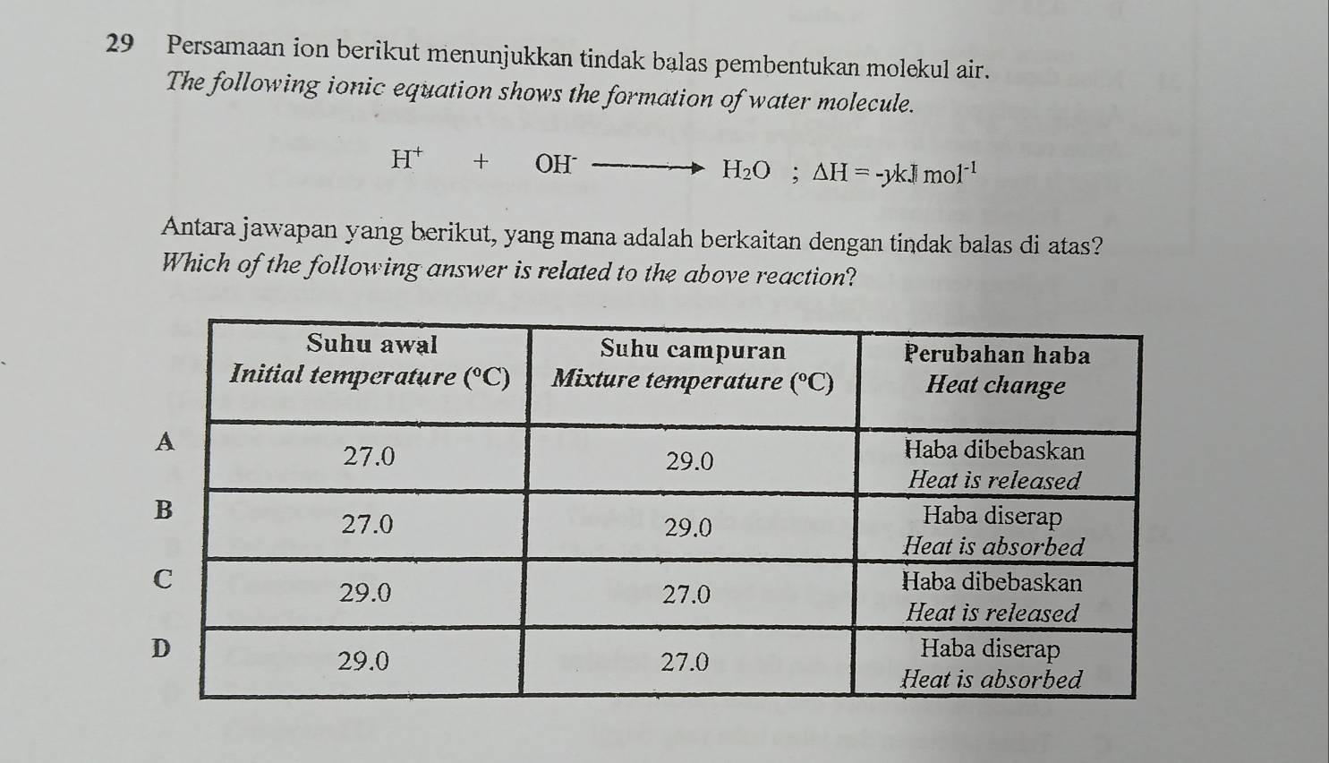 Persamaan ion berikut menunjukkan tindak balas pembentukan molekul air.
The following ionic equation shows the formation of water molecule.
H^++OH^-to H_2O;△ H=-ykJmol^(-1)
Antara jawapan yang berikut, yang mana adalah berkaitan dengan tindak balas di atas?
Which of the following answer is related to the above reaction?