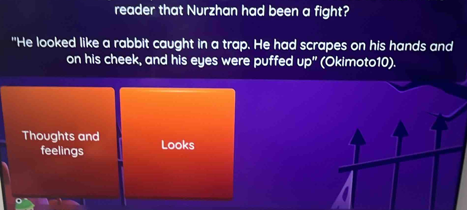 reader that Nurzhan had been a fight? 
"He looked like a rabbit caught in a trap. He had scrapes on his hands and 
on his cheek, and his eyes were puffed up" (Okimoto10). 
Thoughts and 
feelings 
Looks