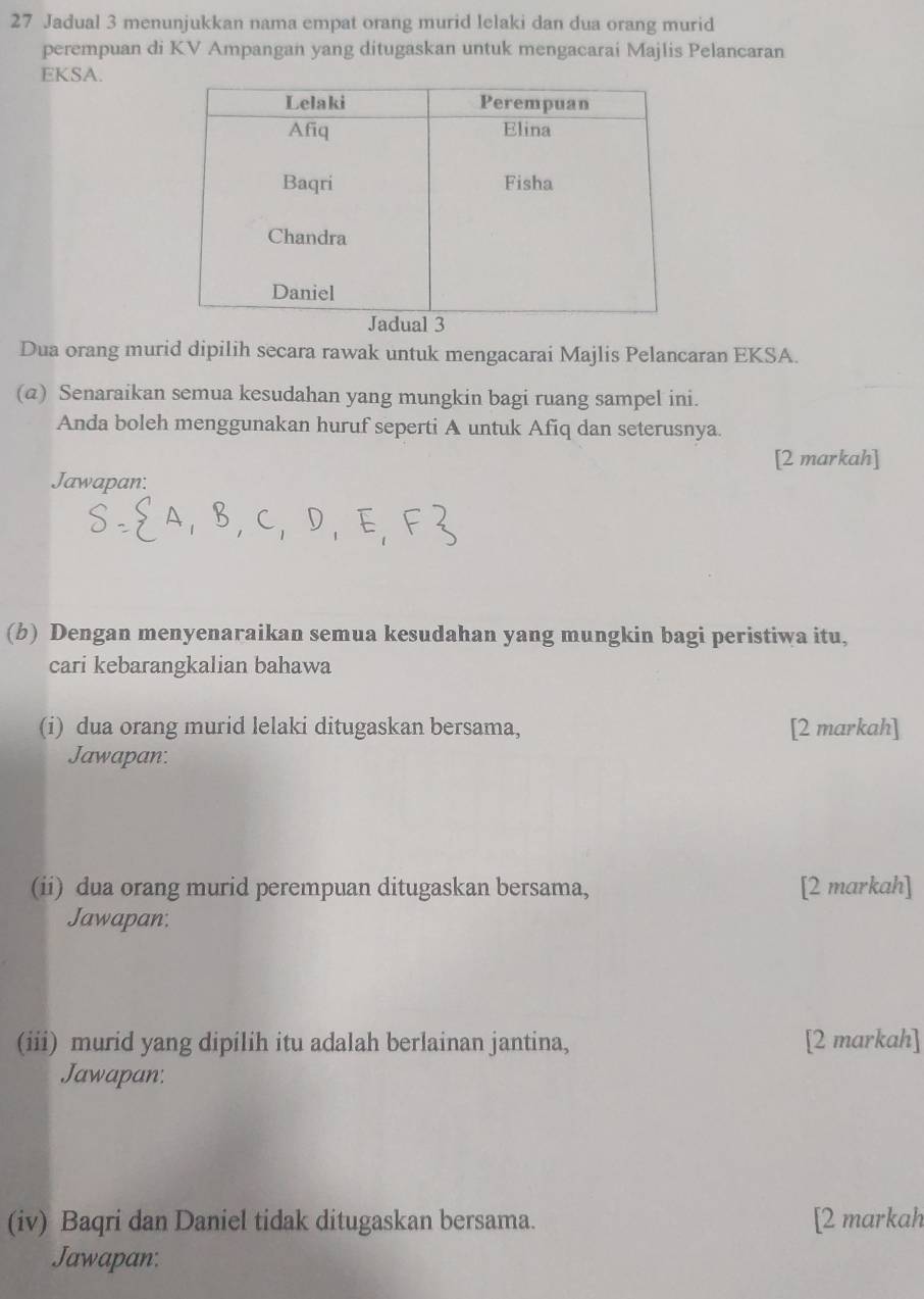 Jadual 3 menunjukkan nama empat orang murid lelaki dan dua orang murid 
perempuan di KV Ampangan yang ditugaskan untuk mengacarai Majlis Pelancaran 
EKSA. 
Dua orang murid dipilih secara rawak untuk mengacarai Majlis Pelancaran EKSA. 
(@) Senaraikan semua kesudahan yang mungkin bagi ruang sampel ini. 
Anda boleh menggunakan huruf seperti A untuk Afiq dan seterusnya 
[2 markah] 
Jawapan: 
(b) Dengan menyenaraikan semua kesudahan yang mungkin bagi peristiwa itu, 
cari kebarangkalian bahawa 
(i) dua orang murid lelaki ditugaskan bersama, [2 markah] 
Jawapan: 
(ii) dua orang murid perempuan ditugaskan bersama, [2 markah] 
Jawapan: 
(iii) murid yang dipilih itu adalah berlainan jantina, [2 markah] 
Jawapan: 
(iv) Baqri dan Daniel tidak ditugaskan bersama. [2 markah 
Jawapan: