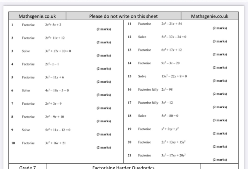 Grade 7  Factorising Harder Quadratics