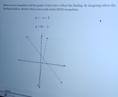 Below are two inequalities and the graphs of their lines without the shading. By imagining where the
shading should be, identify which point would satisfy BOTH inequalities.
y>-x+3
y>6x-5
Anower