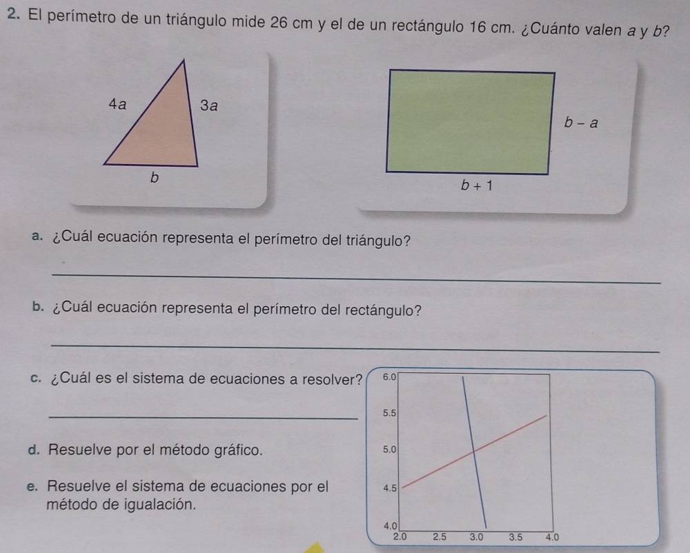 El perímetro de un triángulo mide 26 cm y el de un rectángulo 16 cm. ¿Cuánto valen a y b?
a. ¿Cuál ecuación representa el perímetro del triángulo?
_
b. ¿Cuál ecuación representa el perímetro del rectángulo?
_
c. ¿Cuál es el sistema de ecuaciones a resolver
_
d. Resuelve por el método gráfico. 
e. Resuelve el sistema de ecuaciones por el 
método de igualación.