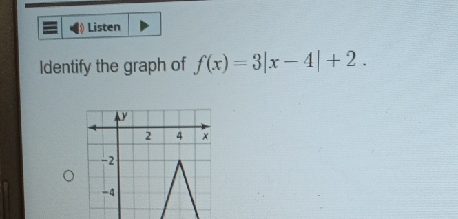 Listen 
Identify the graph of f(x)=3|x-4|+2.