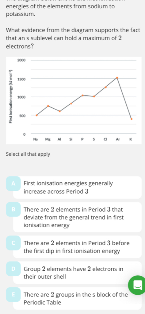 energies of the elements from sodium to
potassium.
What evidence from the diagram supports the fact
that an s sublevel can hold a maximum of 2
electrons?
Select all that apply
A First ionisation energies generally
increase across Period 3
B There are 2 elements in Period 3 that
deviate from the general trend in first
ionisation energy
There are 2 elements in Period 3 before
the first dip in first ionisation energy
D Group 2 elements have 2 electrons in
their outer shell
E There are 2 groups in the s block of the
Periodic Table