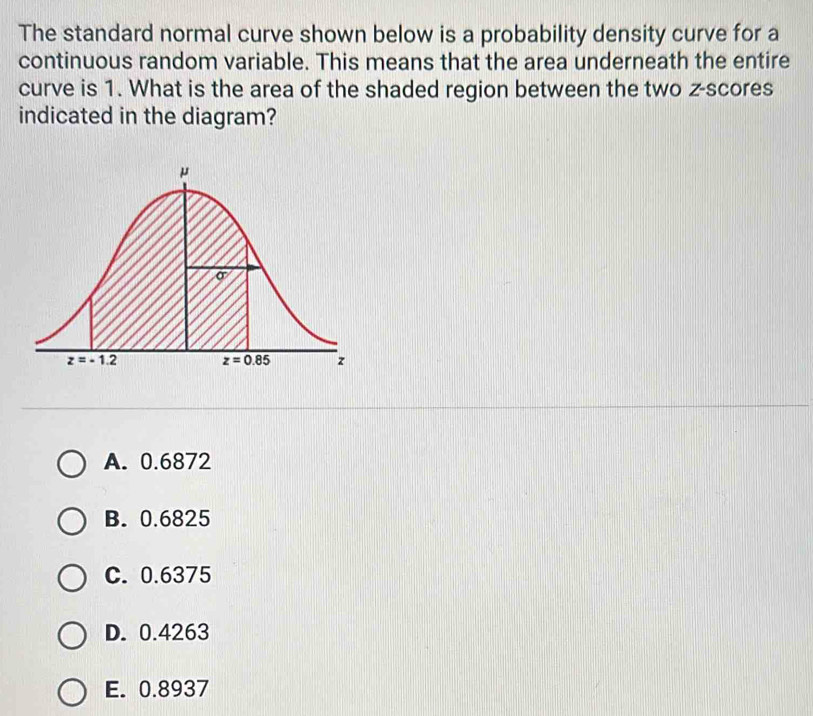 The standard normal curve shown below is a probability density curve for a
continuous random variable. This means that the area underneath the entire
curve is 1. What is the area of the shaded region between the two z-scores
indicated in the diagram?
A. 0.6872
B. 0.6825
C. 0.6375
D. 0.4263
E. 0.8937