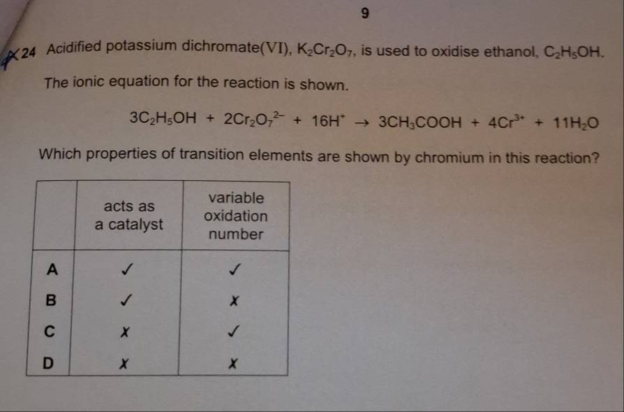 9 
×24 Acidified potassium dichromate(VI), K_2Cr_2O_7 , is used to oxidise ethanol, C_2H_5OH. 
The ionic equation for the reaction is shown.
3C_2H_5OH+2Cr_2O_7^((2-)+16H^+)to 3CH_3COOH+4Cr^(3+)+11H_2O
Which properties of transition elements are shown by chromium in this reaction?