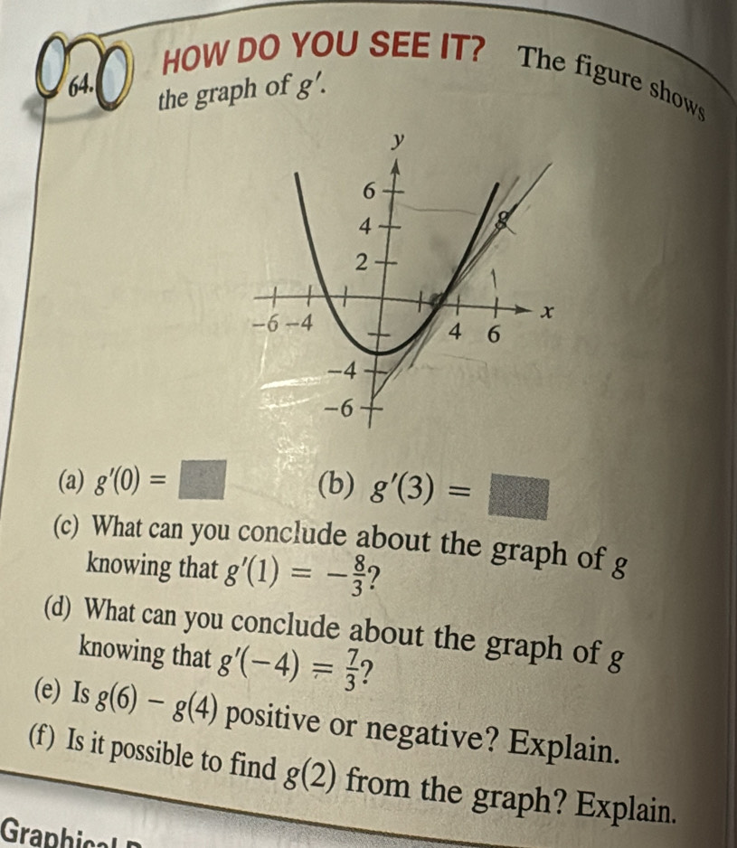 HOW DO YOU SEE IT? The figure shows
64. 
the graph of g’. 
(a) g'(0)=□ (b) g'(3)=□
(c) What can you conclude about the graph of g
knowing that g'(1)=- 8/3 
(d) What can you conclude about the graph of g
knowing that g'(-4)= 7/3  7 
(e) Is g(6)-g(4) positive or negative? Explain. 
(f) Is it possible to find g(2) from the graph? Explain. 
Graphical