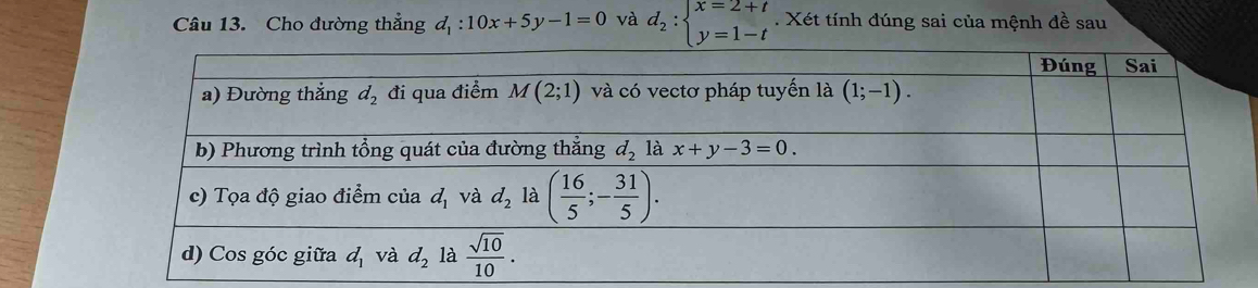 Cho đường thẳng d_1:10x+5y-1=0 và d_2:beginarrayl x=2+t y=1-tendarray..  Xét tính đúng sai của mệnh de^2 sau