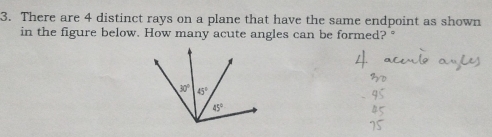 There are 4 distinct rays on a plane that have the same endpoint as shown
in the figure below. How many acute angles can be formed?°