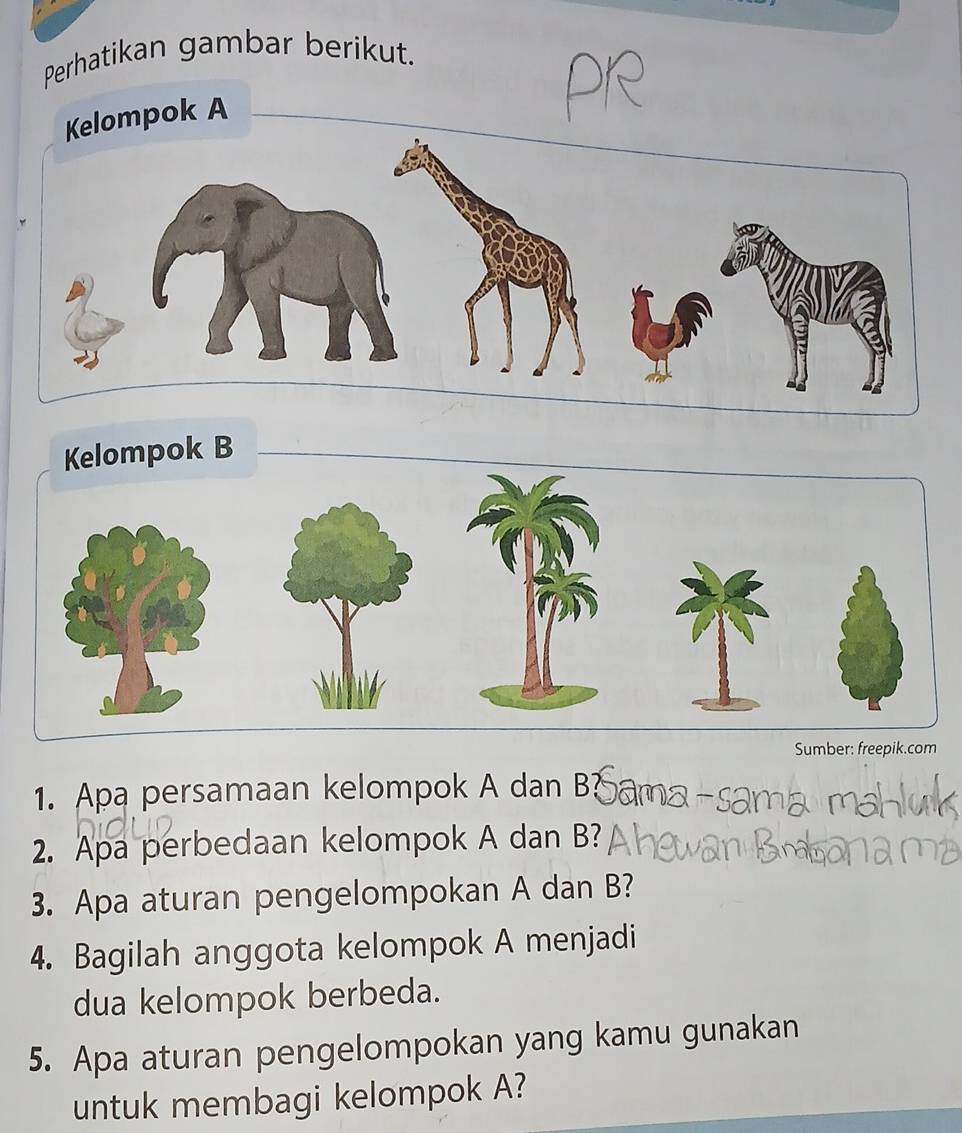 Perhatikan gambar berikut. 
elompok A 
Kelompok B
Sumber: freepik.com 
1. Apa persamaan kelompok A dan B? 
2. Apa perbedaan kelompok A dan B? 
3. Apa aturan pengelompokan A dan B? 
4. Bagilah anggota kelompok A menjadi 
dua kelompok berbeda. 
5. Apa aturan pengelompokan yang kamu gunakan 
untuk membagi kelompok A?