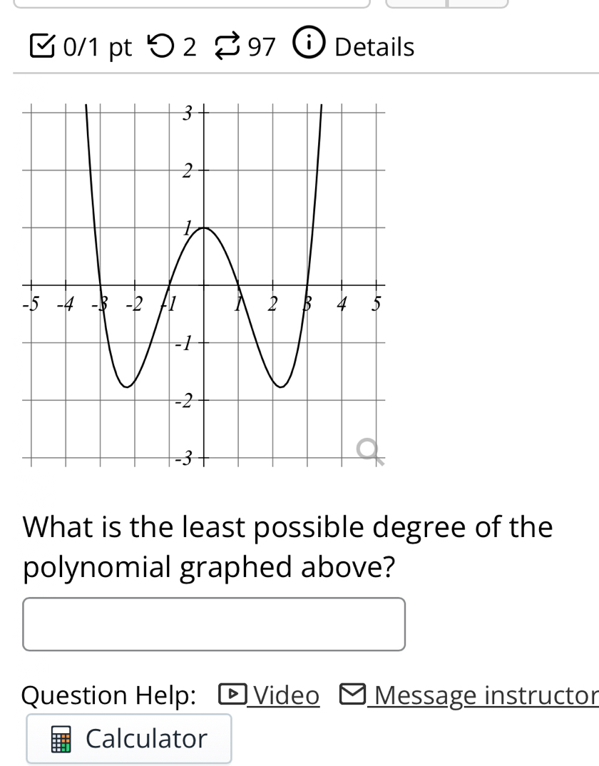 つ 2 $97 i Details 
What is the least possible degree of the 
polynomial graphed above? 
Question Help: Video Message instructor 
Calculator