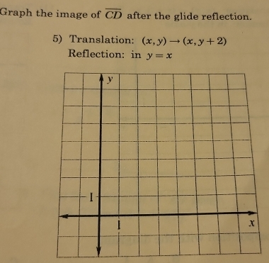 Graph the image of overline CD after the glide reflection.
5) Translation: (x,y)to (x,y+2)
Reflection: in y=x