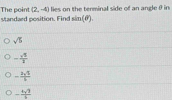 Solved: The point (2,-4) lies on the terminal side of an angle θ in ...