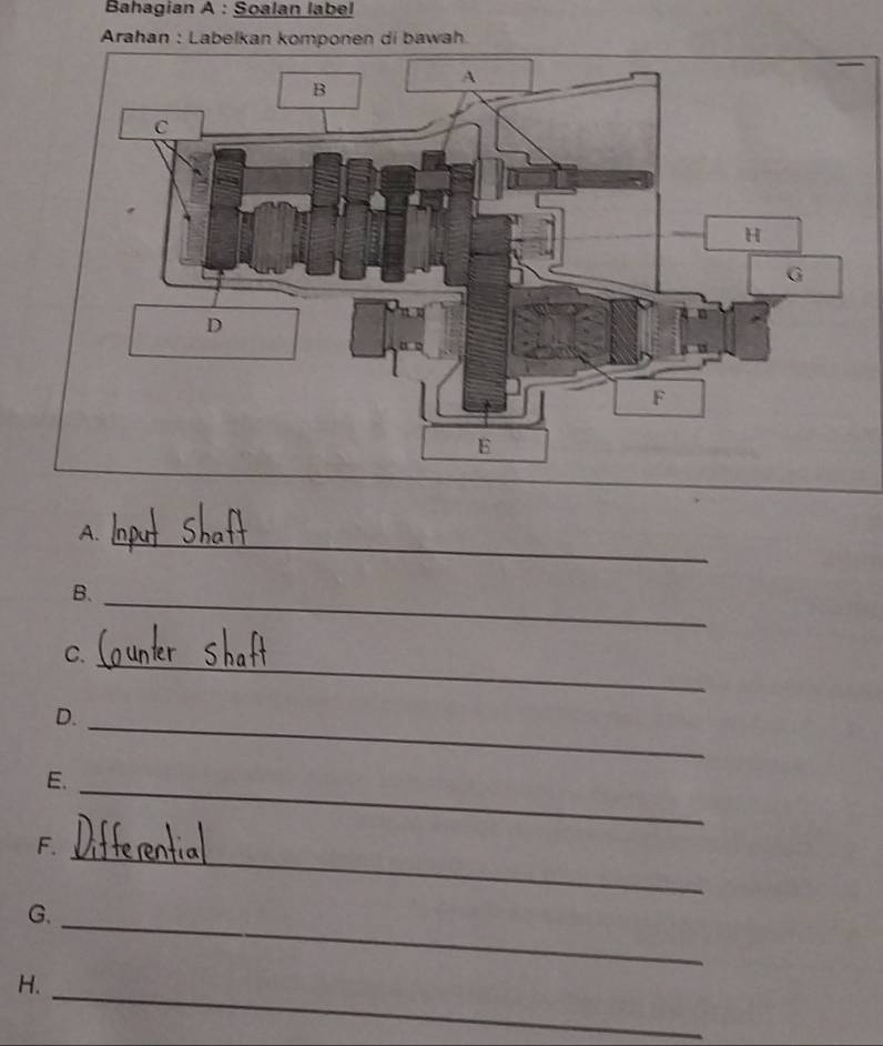 Bahagian A : Soalan label 
Arahan : Labelkan komponen di bawah 
A. 
_ 
_ 
B. 
_ 
C. 
_ 
D. 
_ 
E. 
_ 
F. 
_ 
G. 
_ 
H.