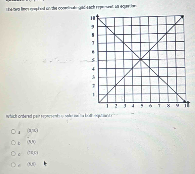 The two lines graphed on the coordinate grid each represent an equation.
Which ordered pair represents a solution to both equtions?
a (0,10)
b (5,5)
C (10,0)
d (6,6)