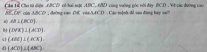 Câu 14, Cho tứ diện ABCD có hai mặt ABC, ABD cùng vuông góc với đáy BCD. Vẽ các đường cao
BE, DF của △ BCD , đường cao DK của △ ACD. Các mệnh đề sau đúng hay sai?
a) AB⊥ (BCD).
b) (DFK)⊥ (ACD).
c) (ABE)⊥ (ACK).
d) (ACD)⊥ (ABC).