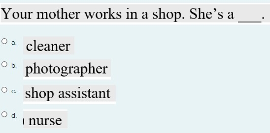 Your mother works in a shop. She’s a _.
a. cleaner
b. photographer
C. shop assistant
d. nurse