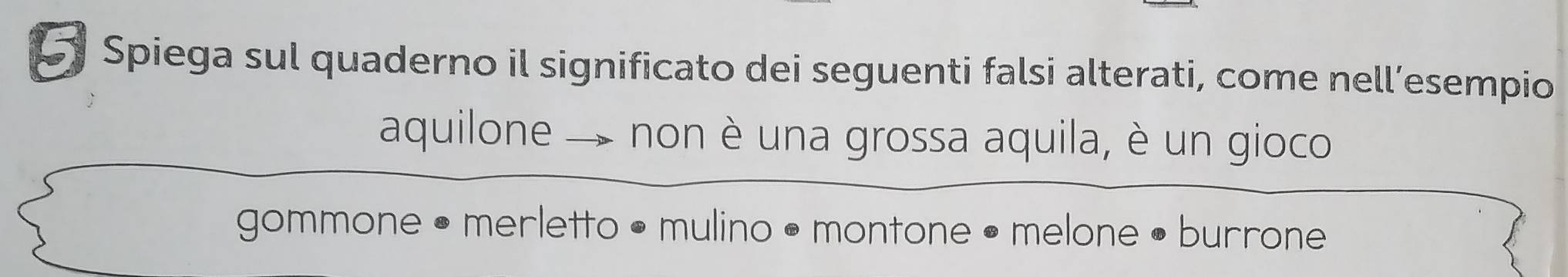 Spiega sul quaderno il significato dei seguenti falsi alterati, come nell’esempio 
aquilone - non è una grossa aquila, è un gioco 
gommone • merletto • mulino • montone • melone • burrone