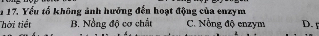 Yếu tố không ảnh hưởng đến hoạt động của enzym
Thời tiết B. Nồng độ cơ chất C. Nồng độ enzym D. 
B