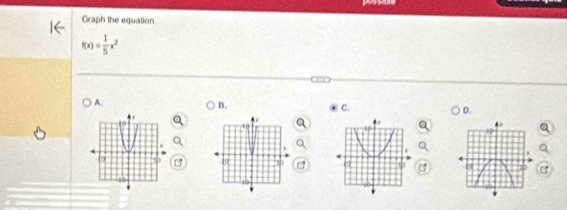 posse
Graph the equation
f(x)= 1/5 x^2
A.
B.
C.
D.