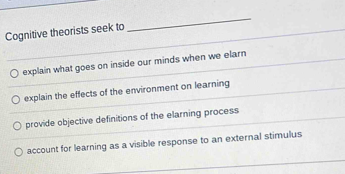 Cognitive theorists seek to
_
explain what goes on inside our minds when we elarn
explain the effects of the environment on learning
provide objective definitions of the elarning process
account for learning as a visible response to an external stimulus