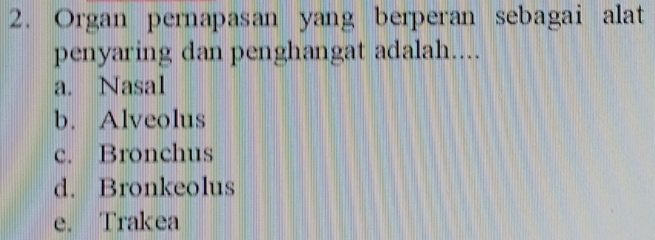 Organ pernapasan yang berperan sebagai alat
penyaring dan penghangat adalah....
a. Nasal
b. Alveolus
c. Bronchus
d. Bronkeolus
e. Trakea