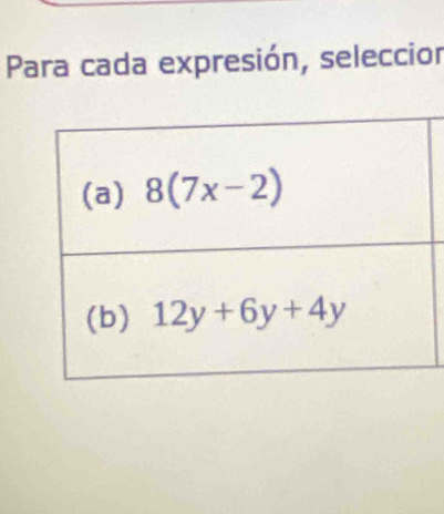 Para cada expresión, seleccior