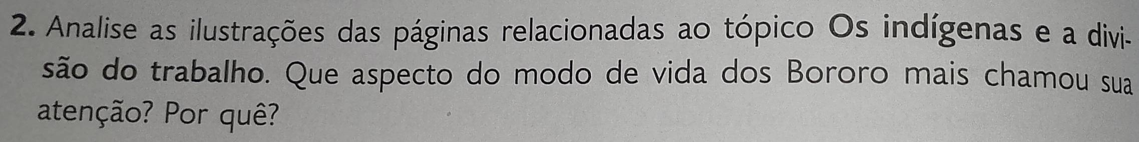 Analise as ilustrações das páginas relacionadas ao tópico Os indígenas e a divi- 
são do trabalho. Que aspecto do modo de vida dos Bororo mais chamou sua 
atenção? Por quê?