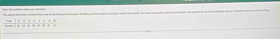 Solve the problem uaing your calculator 
The paired data below consist of fihe costs of advertising (in thousands of deilars) and the number of products sold (in thenands). Une liear regession to fiond a linear function that predicts the number of poducts soid as a function of the cast of advening