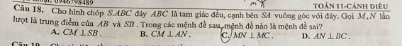 10946798489 toán 11-cánh diều
Câu 18. Cho hình chóp S. ABC đáy ABC là tam giác đều, cạnh bên SA vuông góc với đấy. Gọi M,N lần
lượt là trung điểm của AB và SB. Trong các mệnh đề sau, mệnh đề nào là mệnh đề sai?
A. CM⊥ SB. B. CM⊥ AN. C. MN⊥ MC. D. AN⊥ BC. 
Cân 10