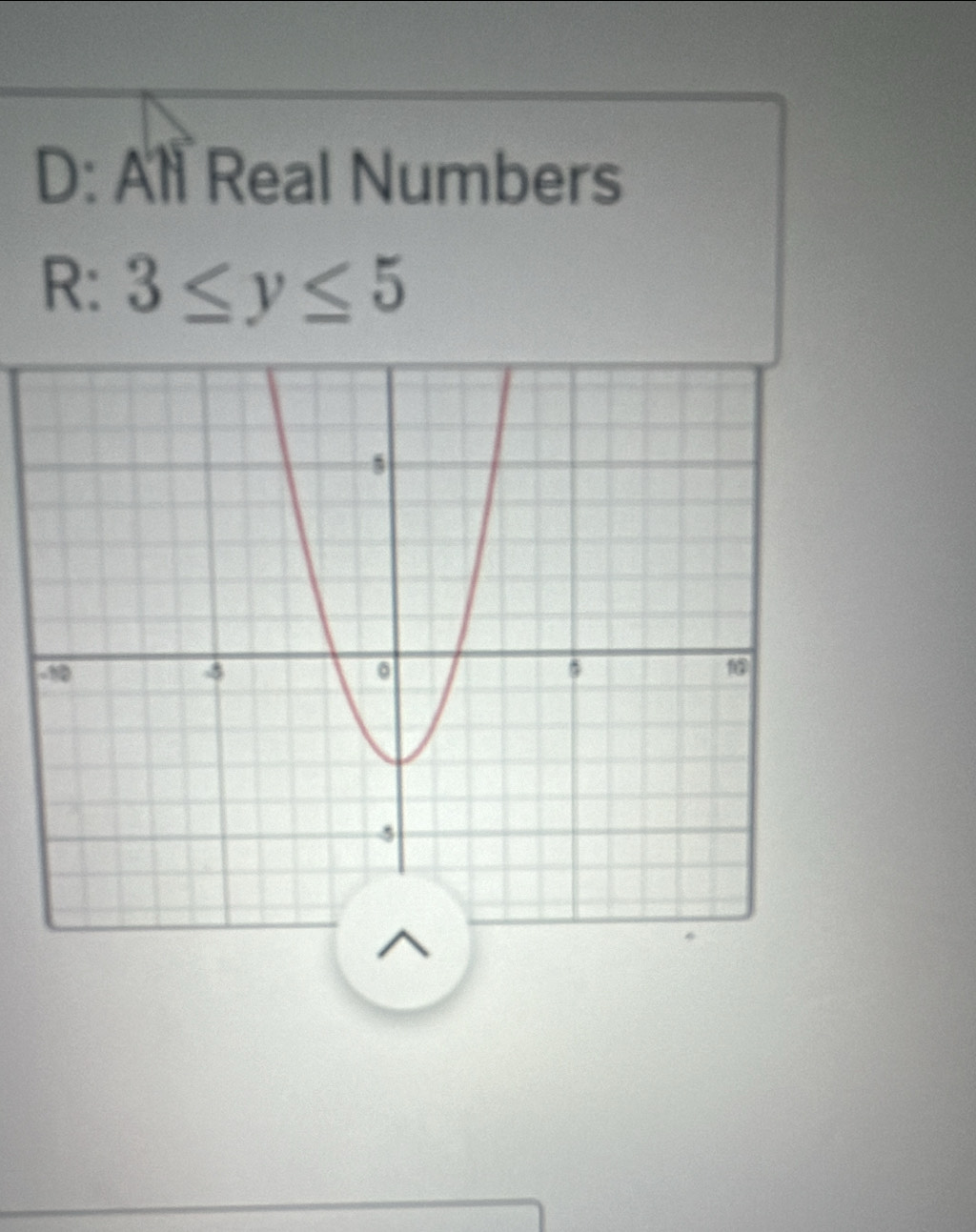 D: All Real Numbers 
R: 3≤ y≤ 5