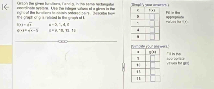 Graph the given functions, f and g, in the same rectangular (Simplify your answers.)
coordinate system. Use the integer values of x given to the x f(x) Fill in the
right of the functions to obtain ordered pairs. Describe how 0
the graph of g is related to the graph of f. appropriate
f(x)=sqrt(x) x=0,1,4,9
1 values for f(x).
g(x)=sqrt(x-9) x=9,10,13,18
4
9
(Simplify your answers.)
x g(x) Fill in the
9 appropriate
; 10
values for g(x)
13
18