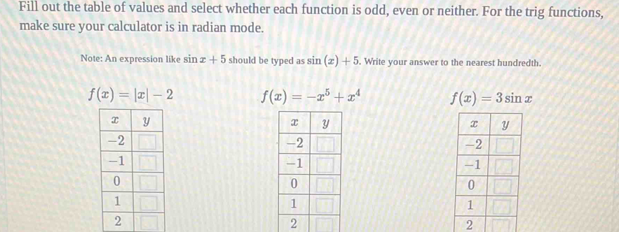 Fill out the table of values and select whether each function is odd, even or neither. For the trig functions,
make sure your calculator is in radian mode.
Note: An expression like sin x+5 should be typed as sin (x)+5. Write your answer to the nearest hundredth.
f(x)=|x|-2
f(x)=-x^5+x^4
f(x)=3sin x