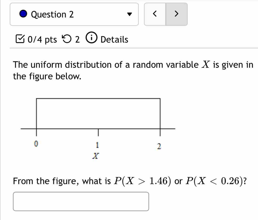 < > 
0/4 pts 2 Details 
The uniform distribution of a random variable X is given in 
the figure below. 
From the figure, what is P(X>1.46) or P(X<0.26) ?