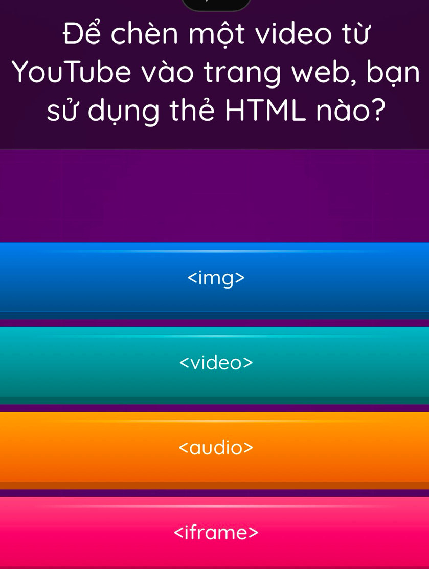 Để chèn một video từ
YouTube vào trang web, bạn
sử dụng thẻ HTML nào?