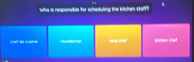 Who is responsible for scheduling the kitchen staff?
chef de cuisine roundsman sous chef station chef